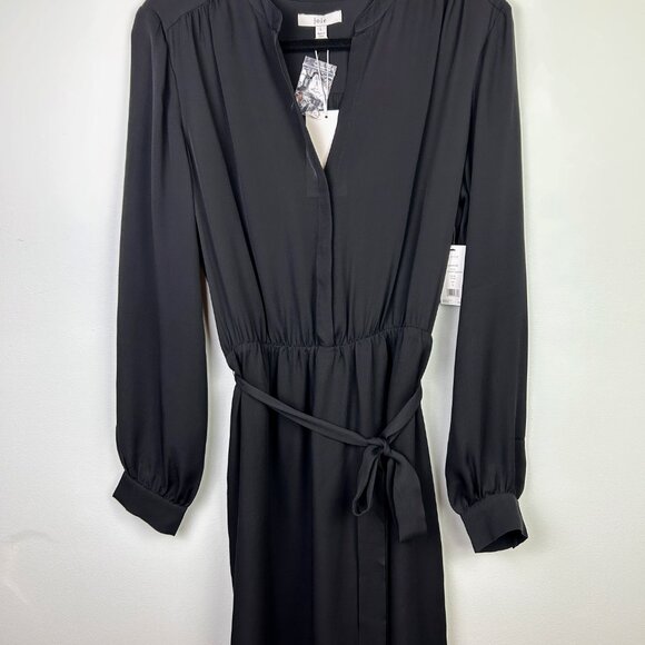 NWT Joie Leonore Shirt Dress Silk Button Down Tie Waist Black Caviar Career sz L - Picture 2 of 16